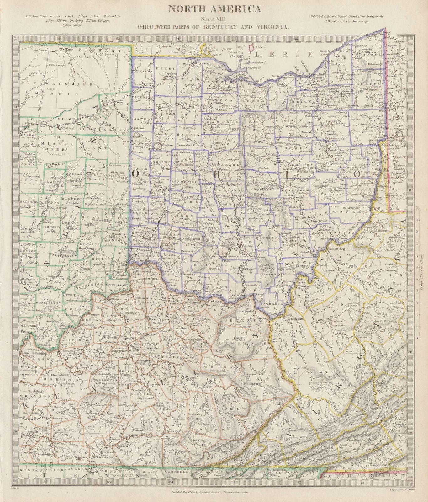 USA. Ohio & parts of Kentucky, Virginia & Indiana. Counties. SDUK 1844 old map